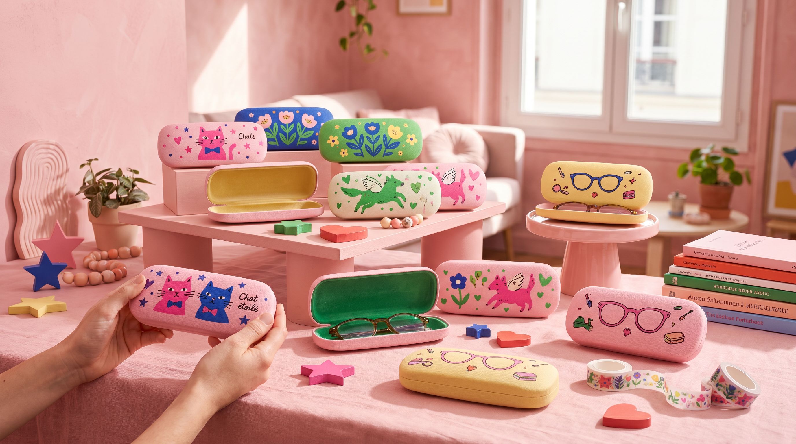 Étui à lunettes illustré, motif chat étoilé sur fond rose
